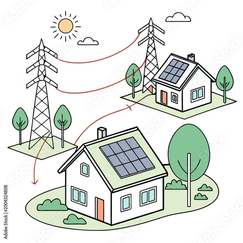 Renewable energy concept with solar powered homes and power lines transmission towers exchanging electricity