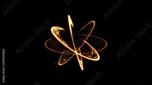 Abstract glowing golden energy light trail, atomic orbit swirl with sparkling particles on black background. Energy transition, electric ring motion, slash effect animation. 4k