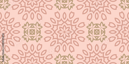 Vector floral seamless pattern in oriental arabesque style. Earthy pink and gold color background with flower shapes, curved lines. Elegant texture. Repeated geo design for textile, wallpaper, decor