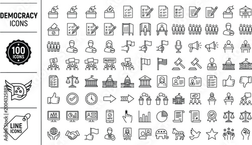 Democracy icons set for design 100 minimalist line icons for government politics and freedom concepts on white background