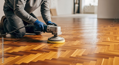 Man polishing parquet floor with power sander wearing gloves in modern interior space. Polishing parquet enhances wood finish, creating shine and beauty in home environment.
