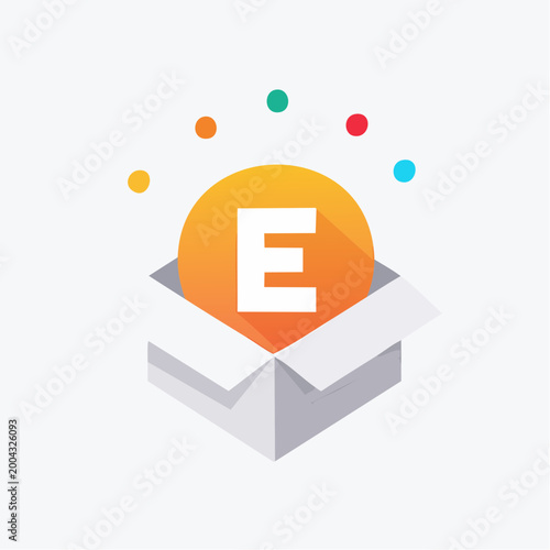 Letter E in a Box with Colorful Dots