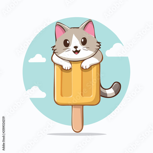 Cute Cat Character Riding an Orange Popsicle