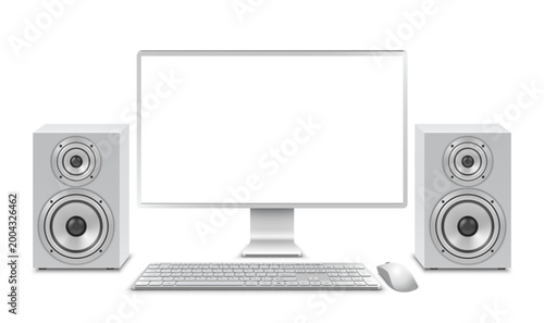 Vector illustration of white desktop pc, widescreen monitor with blank empty white screen, system unit, keyboard, mouse, audio speakers. Realistic mockup or template, isolated on white background