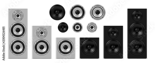 Vector icons of black and white realistic audio speakers related to music and entertainment industry, sound equipment. Realistic illustration isolated on white background