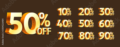 Collection of vector golden 3d numbers and percentage sign from 10 to 90 for sale and special offer promotion