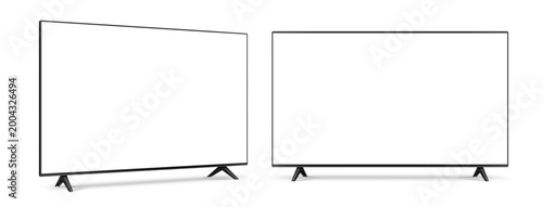 Front and half-turn view of widescreen realistic TV with blank empty white screen isolated on white background