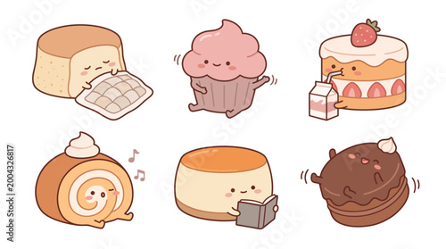 Adorable Cake Cartoon Collection Sweet Food Kawaii Flat Illustration