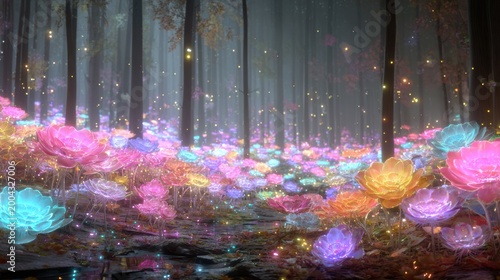Fantasy wallpaper. A vivid, fantastical depiction of a mystical forest at night. The main subject is a dense canopy of tall, slender trees that bathe in soft, ethereal light.