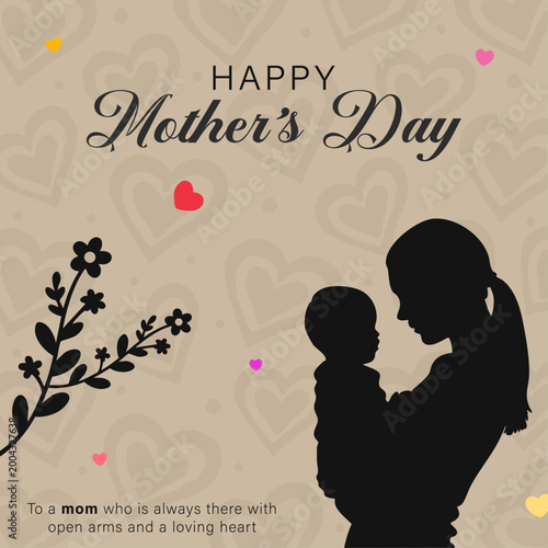 happy mothers day card with mom and baby silhouette, elegant mothers day design with love and hearts, beautiful mom and child illustration greeting card, minimalist mothers day poster with floral and 