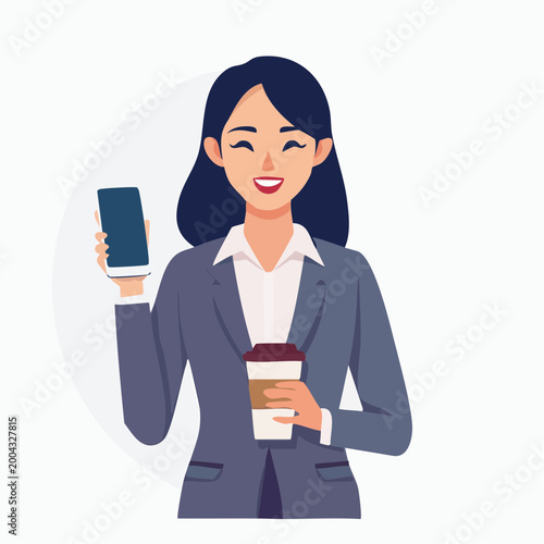 Smiling businesswoman holding a smartphone and coffee cup