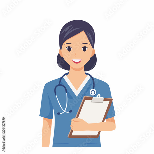 Illustration of a smiling female nurse holding a clipboard
