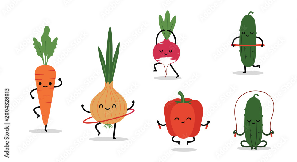 Fototapeta premium Playful set of anthropomorphic vegetable characters such as a carrot and pepper engaging in exercise and fitness activities.