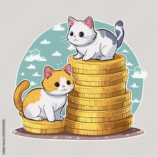 Cute Kittens Sitting on Stack of Gold Coins