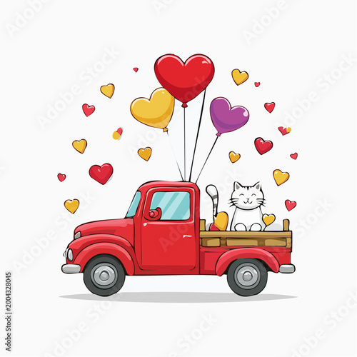 Cute Cat in Red Truck with Heart Balloons