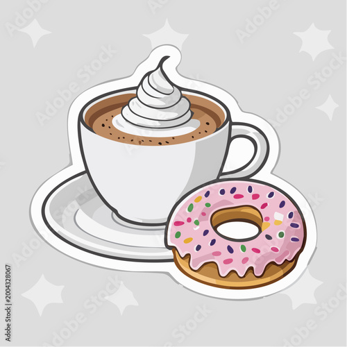Cup of Coffee with Whipped Cream and a Pink Frosted Donut