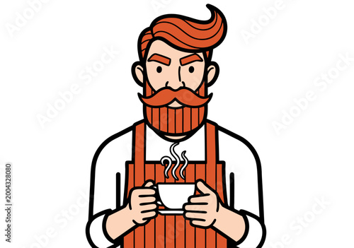 Barista with a cup of coffee, a stylish vector illustration of a bearded man in an apron, ready to serve a hot beverage with steam, a graphic character