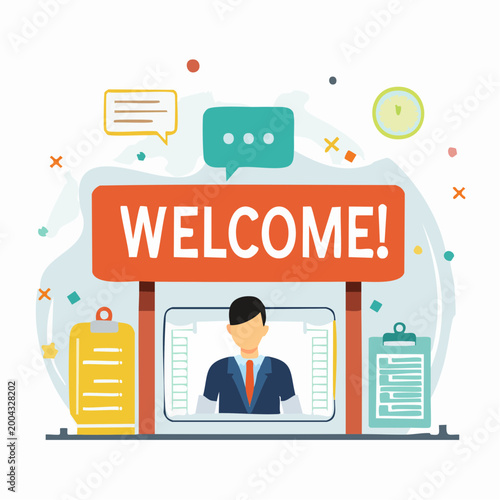 Welcome Sign with Service Representative and Chat Bubbles