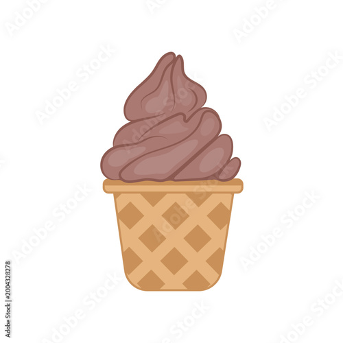 Chocolate soft serve ice cream in waffle cup with chocolate pieces, sweet summer dessert, flat cartoon illustration