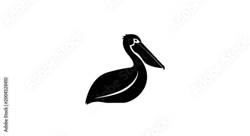 Black Silhouette of a Pelican Bird on White Background