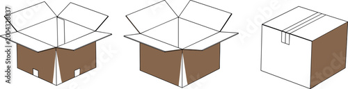 Open and Closed Cardboard Box Icons Set with Shipping, Packaging, and Delivery Elements for Vector Design