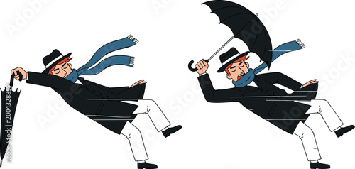Man Struggling in Strong Wind Icons Set with Umbrella, Coat, Hat, and Scarf for Weather, Storm, and Vector Illustration