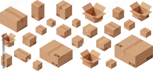 Cardboard Box and Packaging Icons Set with Open and Closed Boxes, Various Sizes, and Shipping Symbols for Vector Design