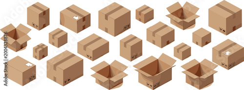 Isometric Cardboard Boxes and Packaging Icons Set with Open and Closed Shipping Boxes, Various Sizes, and Delivery Symbols for Vector Design