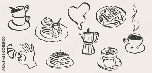 Vintage coffee shop doodle set featuring breakfast food icons. Croissants, espresso cups, and hand-drawn cafe elements in charming sketch style for menu designs and branding.