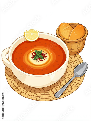 Mercimek Çorbası Bowl – Traditional Turkish Lentil Soup with Lemon and Bread Vector