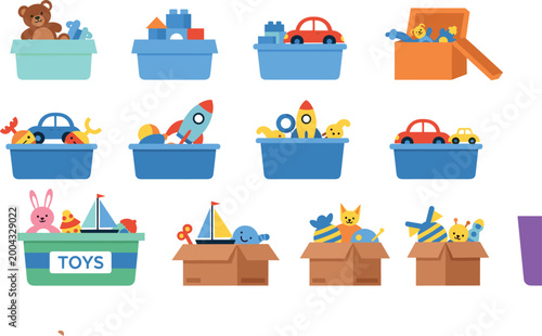 Kids Toy Storage Boxes Collection with Cars, Rockets, Teddy Bear, Bunny, Blocks, and Playroom Organizer Vector Set