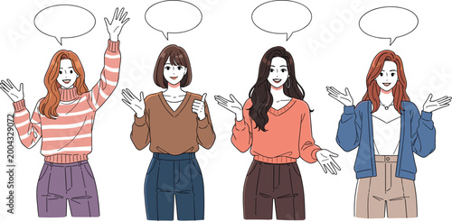 Young Women Talking and Gesturing Icons Set with Speech Bubbles, Casual Clothing, and Friendly Expressions for Vector Illustration
