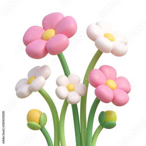 Pink and White Flowers on Green Stems Isolated on White