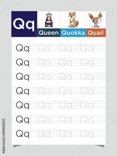 Letter Q worksheet for kids, tracing uppercase lowercase, Q for Queen printable preschool handwriting practice sheet