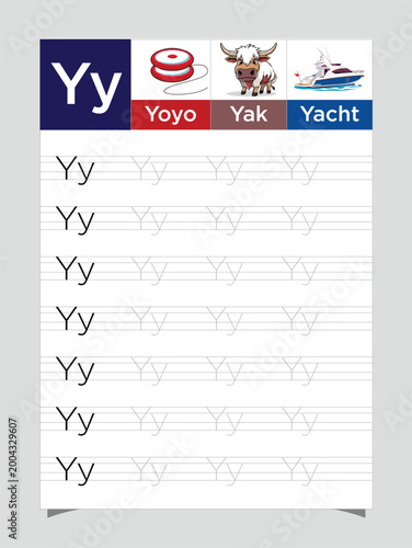 Letter Y worksheet for kids, tracing uppercase lowercase, Y for Yak printable preschool handwriting practice sheet