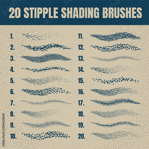 Ink scatter brush, stipple drawing and texturing. Fading gradient. Stippling, dotwork drawing, shading using dots. Halftone disintegration effect. White noise grainy texture. Vector illustration