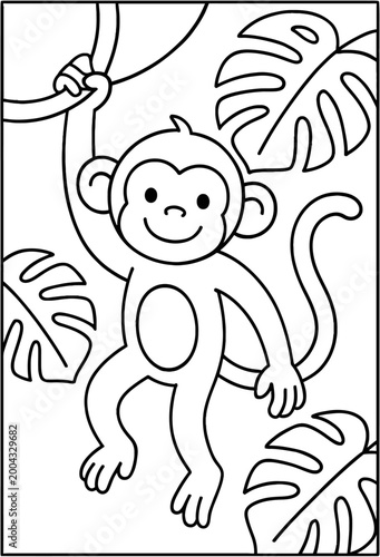 A cheerful monkey hanging from a vine surrounded by monstera leaves in a black and white line drawing with a playful mood.
