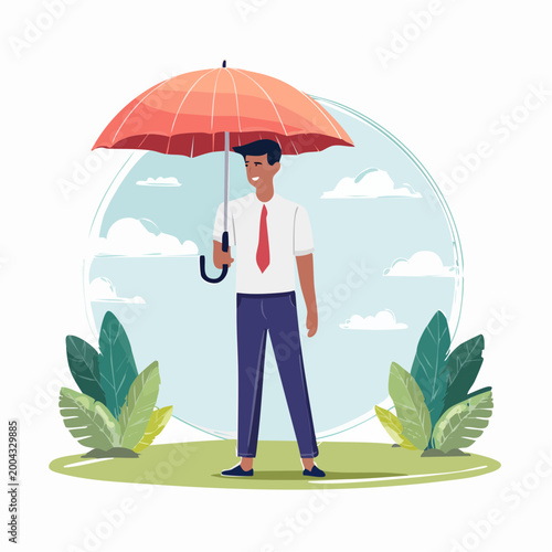 Man holding umbrella outdoors with plants and clouds