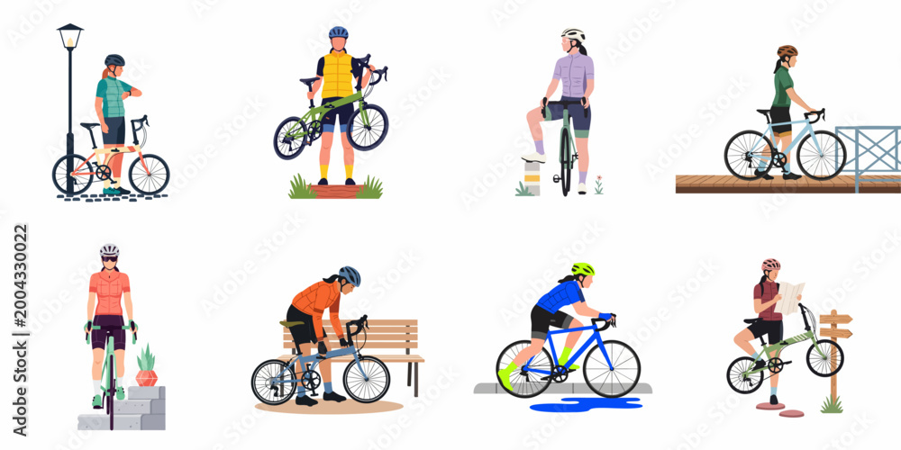 Fototapeta premium Set of flat vector illustrations featuring diverse female cyclists with road and folding bikes in various urban and nature settings.