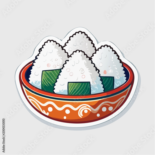 Cute illustration of Japanese Onigiri rice balls in a decorative bowl