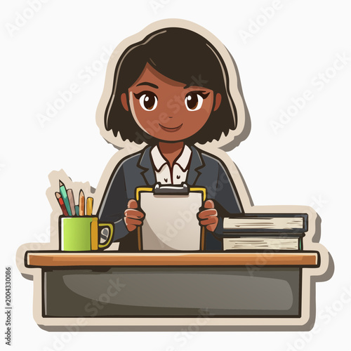 Cartoon Woman Sitting at Desk with Clipboard and Books