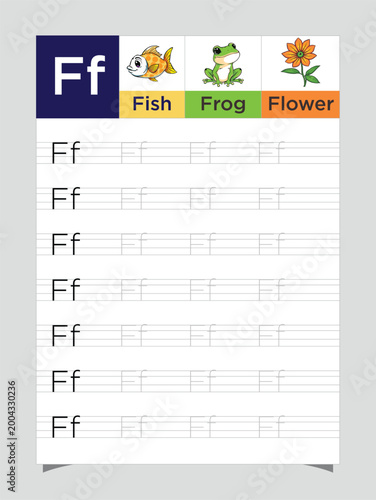 Letter F worksheet for kids, tracing uppercase lowercase, F for Fish printable preschool handwriting practice sheet