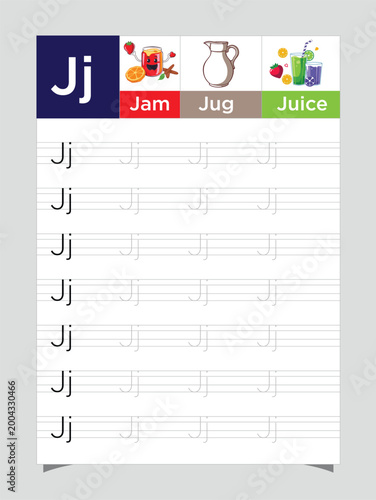 Letter J worksheet for kids, tracing uppercase lowercase, J for Jellyfish printable preschool handwriting practice sheet