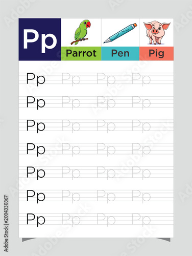 Letter P worksheet for kids, tracing uppercase lowercase, P for Pig printable preschool handwriting practice sheet