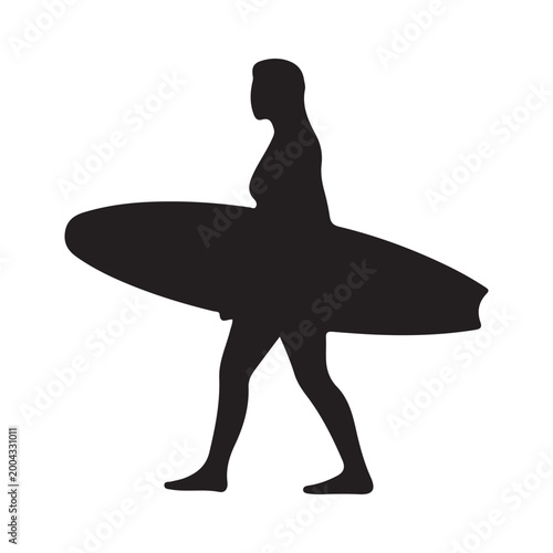 Female surfer silhouette walking and carrying surfboard for summer sports concept.
