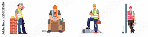 Quadro su tela Set of four construction workers taking a break, wearing safety gear and high-visibility vests on a white background