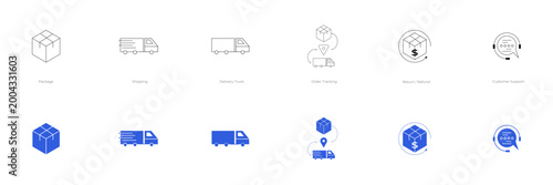 eCommerce  business icons in line and fill style. editable vector illustration for Package, Shipping, Delivery Truck, Order Tracking, Return / Refund, Customer Support. on transparent background 