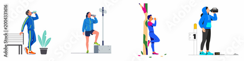 Fotografie Set of flat illustrations showing diverse people hydrating and drinking water during various outdoor sports and fitness activities
