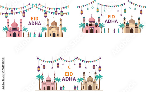 Beautiful Eid Adha Vector Illustration Set Featuring Islamic Mosques With Decorative Lanterns Bunting Flags And People For Religious Celebrations