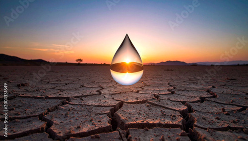  large water droplet shape over cracked dry earth texture